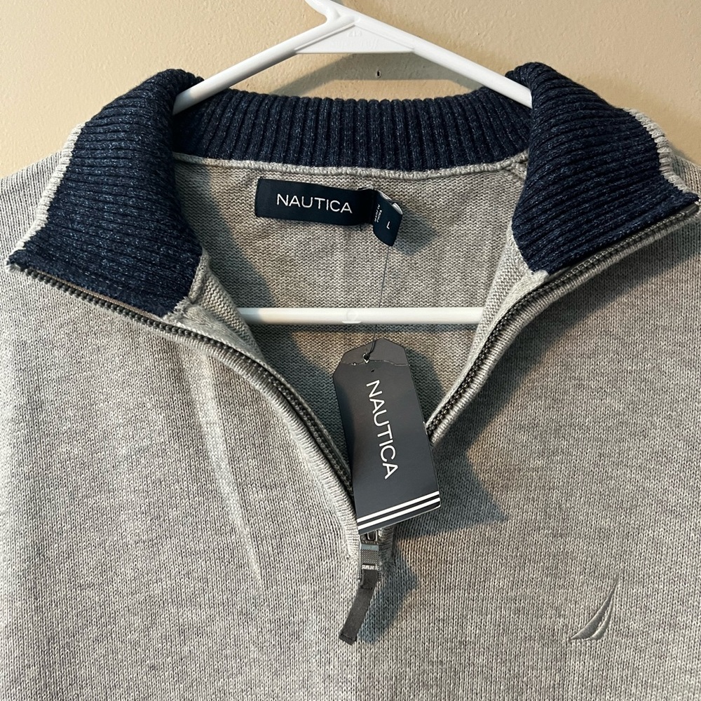 Nautica sz L NWT 💯 cotton mens gray quarter zip pullover with navy blue collar. - Picture 4 of 8